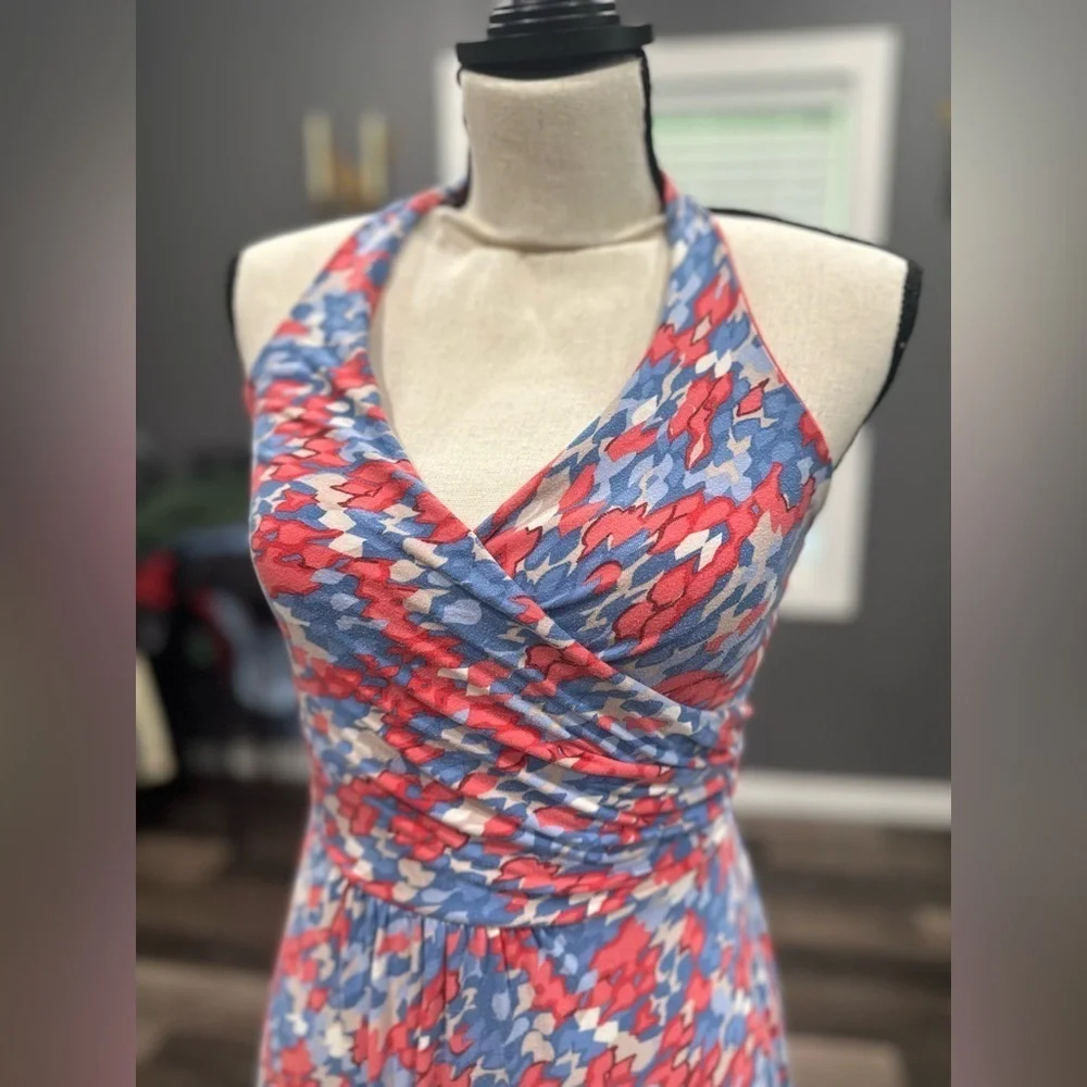 Boden St. Lucia Faux Wrap Tie Halter Dress 6 Long Art Deco Print Red Blue White